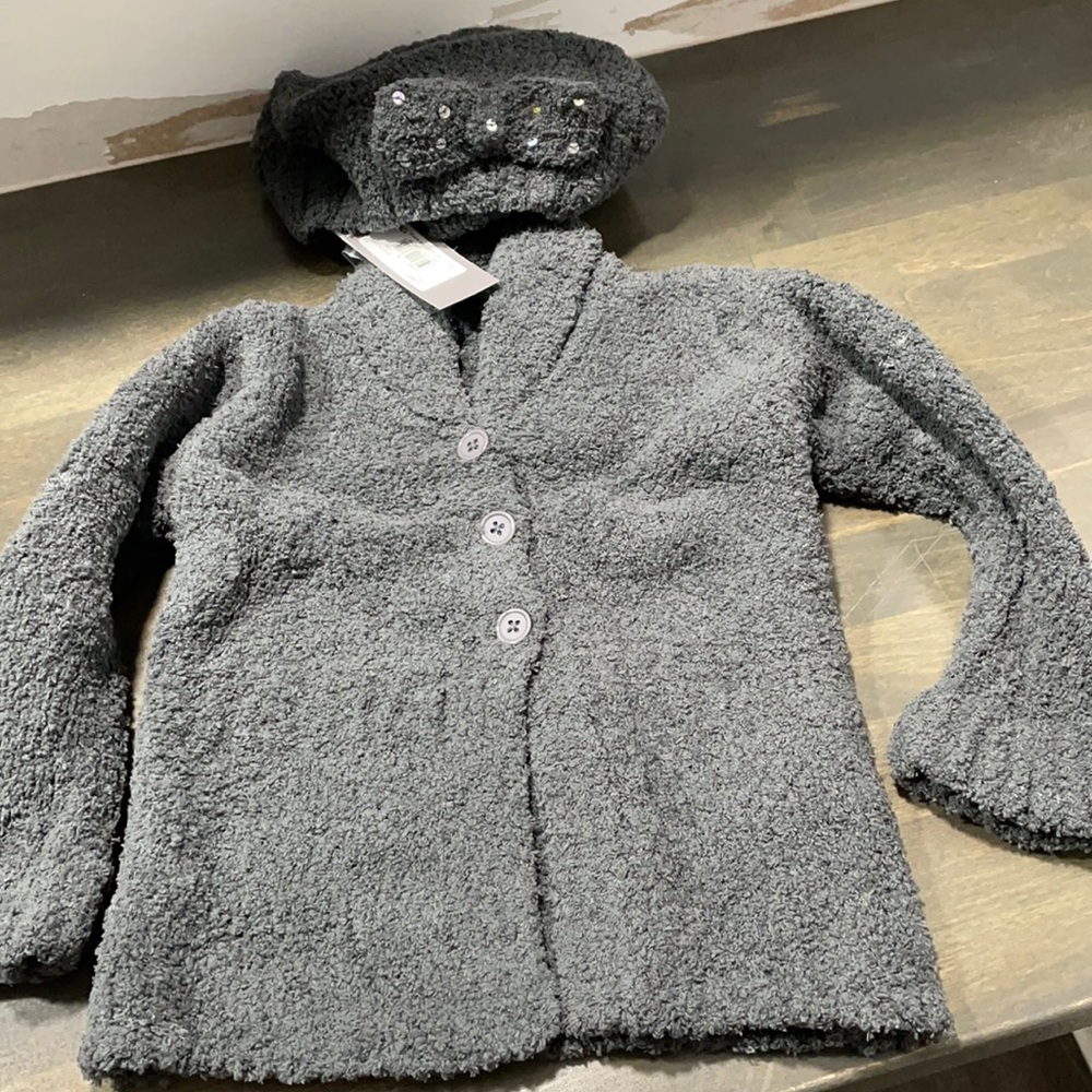 NWT 3 Pommes Girls Gray Cardigan & Matching Beret With Bow
